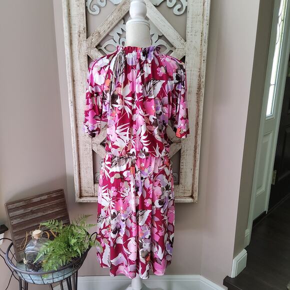 Maggy London Women's Flutter Sleeve Ruffle High Neck Blouson A-Line Midi Dress - Picture 7 of 15